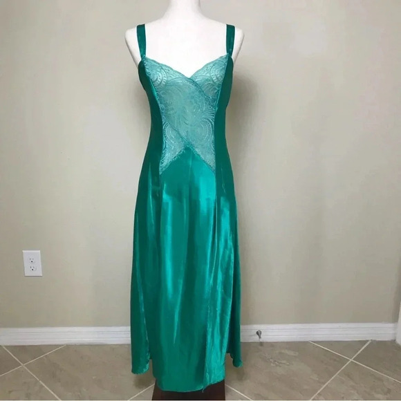 Victoria’s Secret VINTAGE GOLD LABEL Satin Lace Maxi Slip Dress Size Small Green - Picture 1 of 16